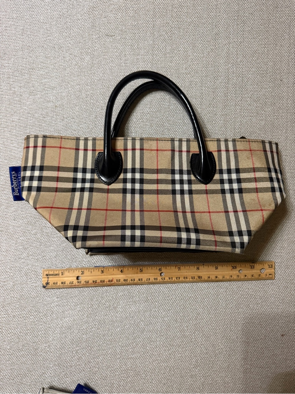 Burberry Vintage Check Canvas Tote with Black Leather Handles
